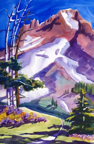 The Pacific Crest Trail was right in front of us as we painted Mt. Hood, Oregon near Timberline Lodge. Size 15"x22" original or prints. "Red Mount Hood" Sold Prints only
