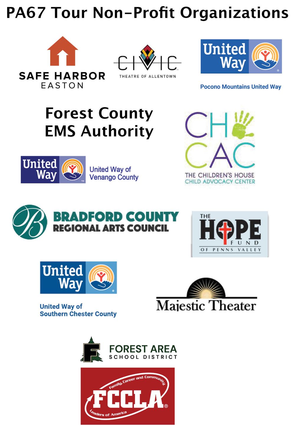 Lisa Bodnar and Whistlegrass supported these Non-profit organizations on their PA67 Tour of Pennsylvania Counties