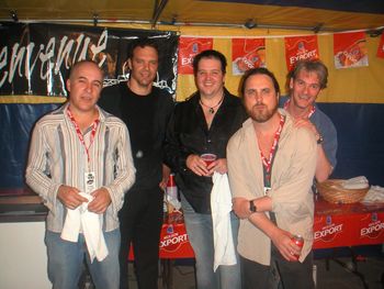 Just after our set at the Victoriaville Blues Festival in 2004, left to right are Rob MacDonald, me, Tony Cuco, RD Harris and guest harmonica God, Guy Belanger. This was the band for many years, and a great band it was. Note the sweat, proof of our hard work on stage.
