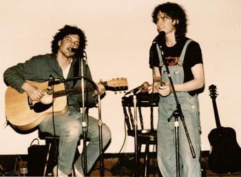 On stage at the now legendary Acadia University Coffeehouse with my housemate, the singer-songwriter Dave Carmichael. Held every month, this coffeehouse was where we cut our teeth as performers.
