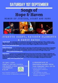 SONGS OF HOPE AND HAVEN concert Sat 1st September 7.15pm Tickets: wwwtrybooking.com/WOZY  