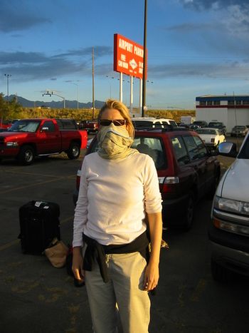 At the SLC Airport, returning from Europe, in a duststorm. I had just realized that I'd packed the car (and house) keys in my luggage. Which had been lost by the airlines (for the first time ever). No pics of us later breaking into our own house.
