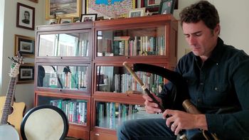 Mikey playing the Uilleann Pipes in Anam Cara Studio
