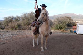 Doin' my singin' cowboy bit on my friend's little ranch in Prescott Ridge. That's TJ I'm on, a 4-year old gelding who I was working with at the time. Photo by Cynthia Roche

