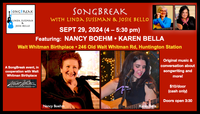SongBreak event featuring guest songwriters Nancy Boehm and Karen Bella, plus music from co-hosted Linda Sussman & Josie Bello