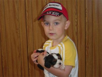 Grandson Christopher Scott Long, age 3, with tricolour Cavalier puppy..which one is sweeter?
