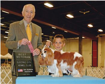 Christopher Long (8) and CH Nordictouch Polly Ester (11) winning Best Veteran, Electric City Kennel Club Show, 21 June 2013
