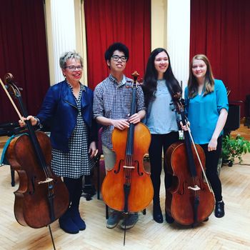 Masterclass performers Jaemin Lee, Natalia Solano-Arbelaez, and Clara Turner pose for a photo with Anne Martindale Williams following their masterclass performances
