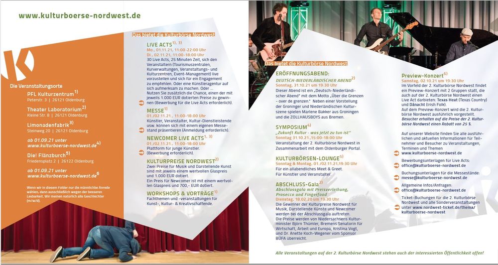 Flyer zur Kulturbörse Nordwest 2021 in Oldenburg. Wir spielen dort am 01.11. im PFL und beim Preview-Konzert am 02.10. im Cadillac, beides in Oldenburg