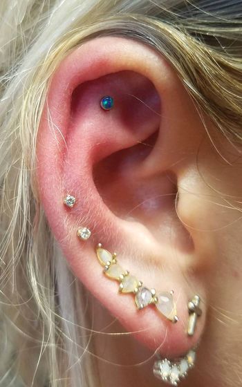 Flat Piercing w/ Threadless, Synthetic Peacock Blue Opal Cabochon by NeoMetal©
