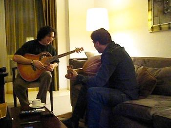 Chris Colby in a predawn jam with Arab singer Rida in the Shangri-La Hotel. The Music Never Stopped. Dubai, UAE