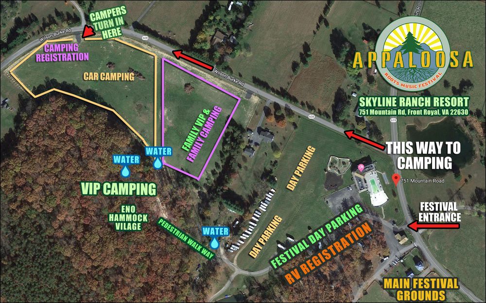 RVs TURN INTO MAIN ENTRANCE. CAMPERS PROCEED TO WILSON BURKE RD. TO REGISTER