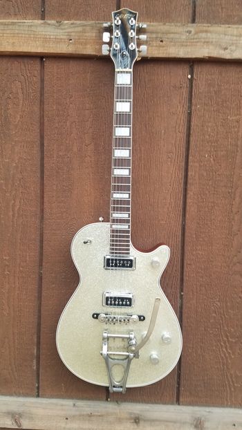 One of Billy Zoom's ( the band X) re-issue Gretsch custom shop Silver Jets. This one is un-reliced, and bears the serial number of his original main guitar.
