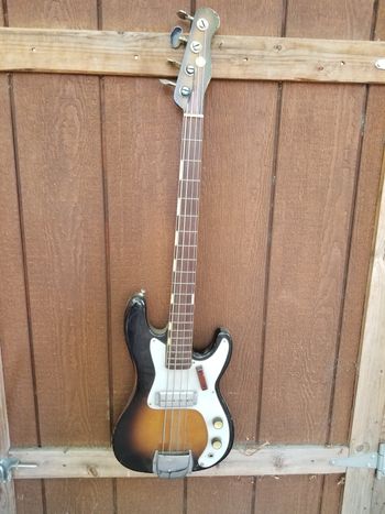 My 1960s Japanese made "Pearl" bass, with the biggest neck I've ever seen on an instrument ! But, boy, does it sound good !

