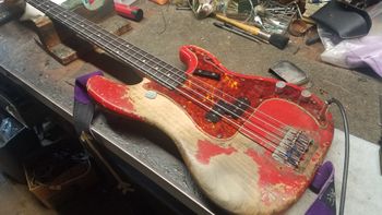 John Doe's ( the band X) early 1960s Fender Precision Bass. in the shop for electrical work.

