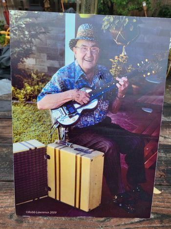 My friend C.O. "Doc" Kauffman with his invention, the Rickenbacher "Vibrola" guitar.
