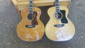 close up of Guild and Takamine 12 string bodies.
