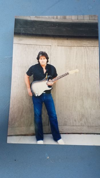Eddie Bertrand ( Eddie and the Showmen ) with his replica Silver sparkle burst Stratocaster. His original was long gone. so I built this for him to sell to the Hard Rock Cafe for display.
