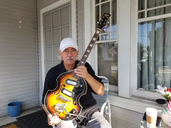 My buddy Larry Hanson with his "Trump " (Japan) guitar, purchased a few years ago at a local garage sale in Santa Ana, Ca.
