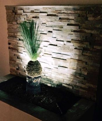 Lights to enhance feature grass tree against stack stone wall.
