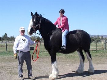 Lindy at "Sisters View Clydesdale Ranch" with Eagle Crest CEO, Jerry Andres, astride his prize Clydesdale, Apollo. April 3, 2004
