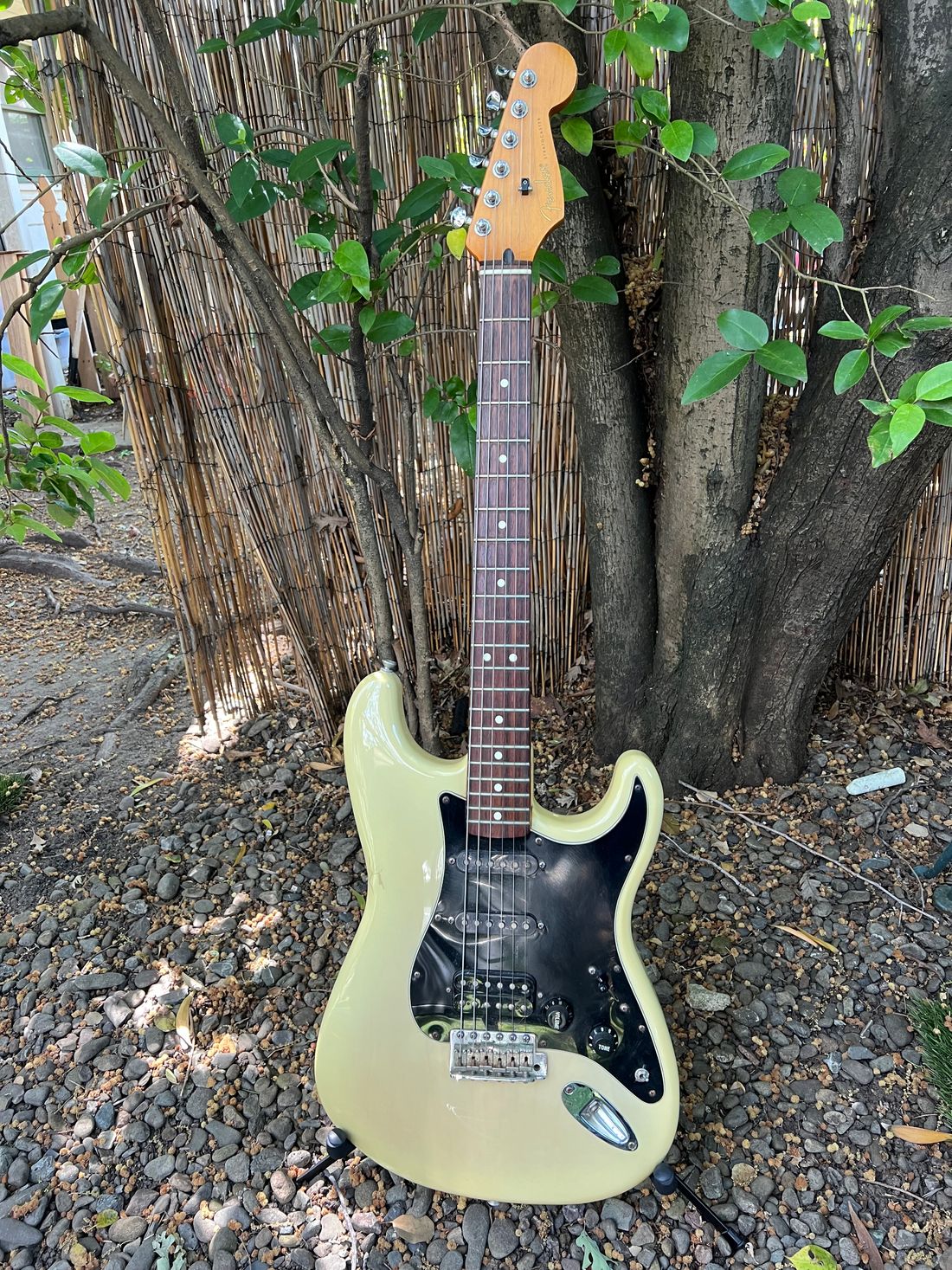 1992 Fender Stratocaster MIM. Garrick Davis main guitar from 1992 until 2015. Recorded on debut album "Glass Half Full"(2001), The Show (2005 live), "Expose Your Self" (2010).
SSH configuration - original humbucker replaced with one previously the property of Ronnie Montrose.
