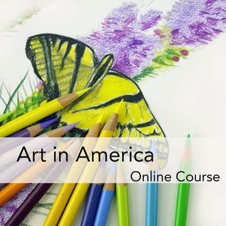 Butterfly drawing and colored pencils  features ARTistic Pursuits Art in America Online Course and links to Vol. 8 Streamed purchase page.