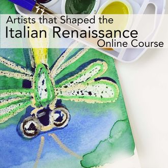dragonfly painting and watercolor set features ARTistic Pursuits Artists that Shaped the Italian Remaissance Online Course and links to Vol. 4 Streamed purchase page.