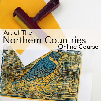 Bird relief print and brayer features ARTistic Pursuits Art of the Northern Countries Online Course and links to Vol. 5 Streamed purchase page.