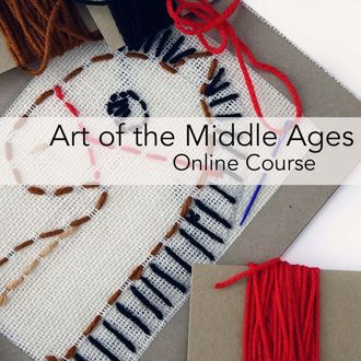 Horse stitched image with red and brown yarn features ARTistic Pursuits Art of the Middle Ages Online Course and links to Vol. 3 Streamed purchase page.