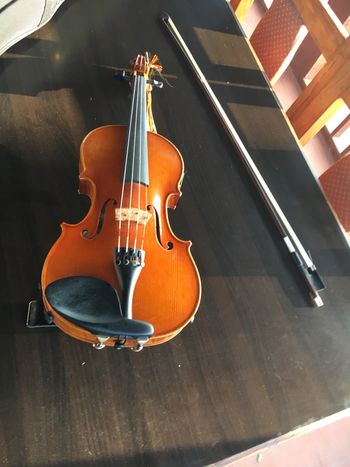 The violin and bow after an early morning Facebook Live breakfast  rendition.

