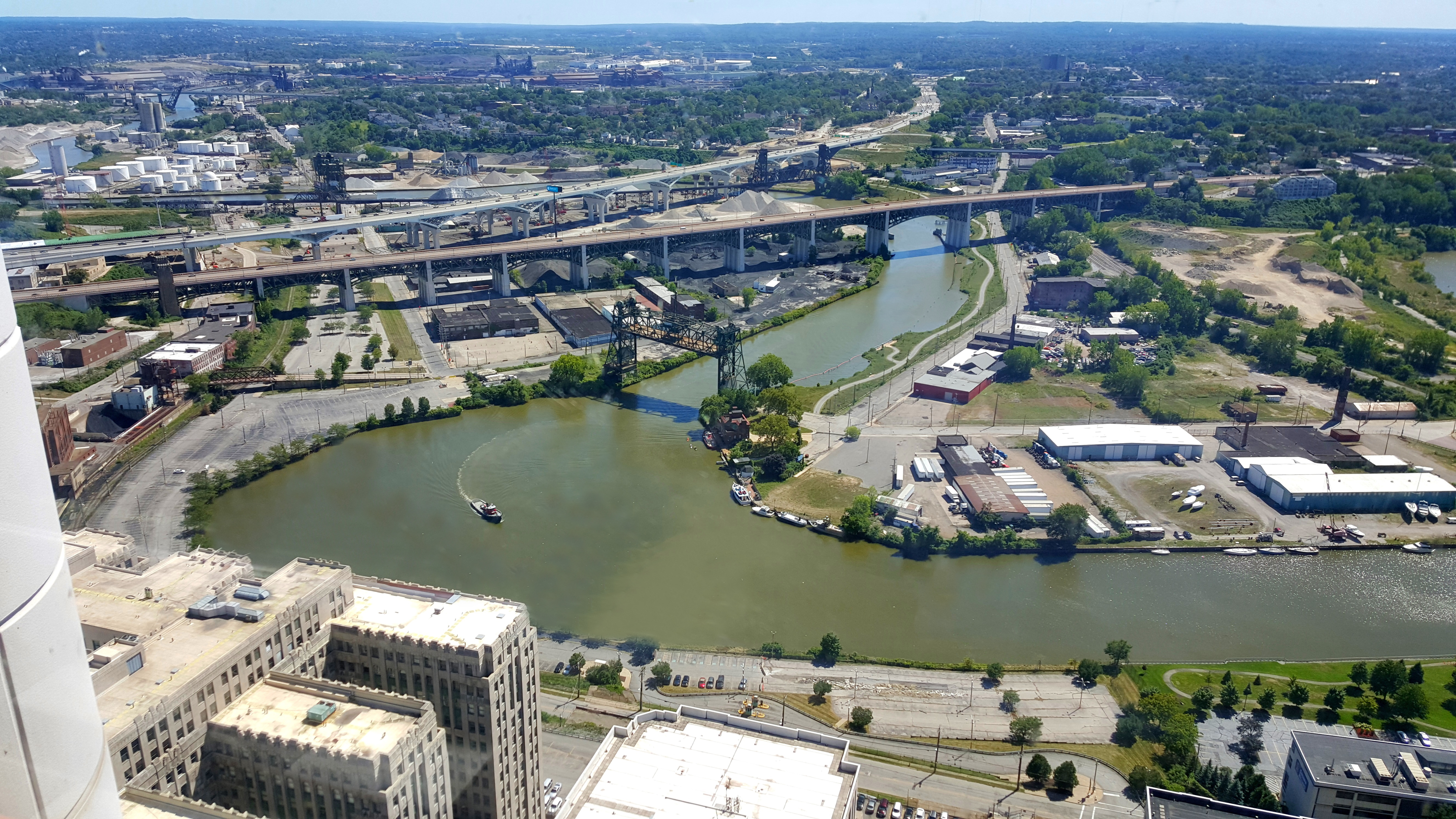 aerial photo of the Cuyahoga River in Cleveland Ohio, at 
