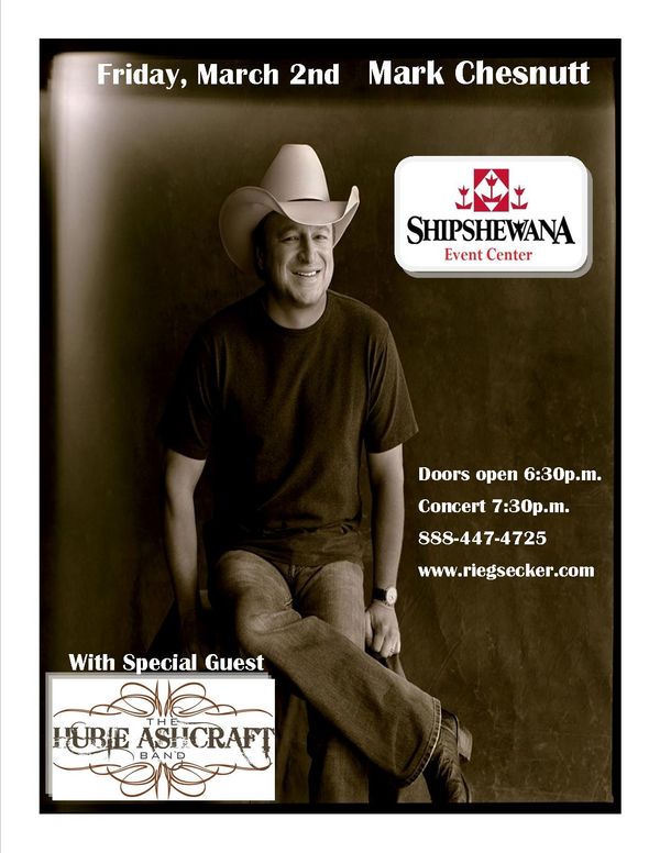 A night with The Hubie Ashcraft Band and Country Music Legend Mark Chesnutt, known for his smash hits "Brother Jukebox", "Too Cold At Home", and "Goin' Through The Big D". Get your tickets today! Mark Chesnutt is one of Country's true musical treasures. Critics have hailed him as a classic Country singer of the first order and one of Country music's most elite entertainers, from George Jones to George Strait, echo the sentiment.
Mark Chesnutt's stature is easily gauged. He has 14 No. 1 hits, 23 top ten singles, four platinum albums and five gold records to his credit; he maintains a front-and-center presence with a hefty tour schedule year after year.
Country music critics and fans alike need look no further when it comes to Country music basics. If you ask Chesnutt, he'll tell you, "It's the music and the fans that have kept me around this long."
In a creative forum that sometimes confuses style with substance, Mark Chesnutt possesses both. Remaining true to himself as a traditional country artist, while keeping the pace with the ever-changing Country recording landscape, Mark Chesnutt has a knack for picking great songs, delivering them with world-class style and a heart-felt emotion that's lived-in.
With a trademarked voice, Chesnutt has set the bar for his generation and those that follow in his footsteps shaping the music of today's Country Music newcomers and the new Country Music format.
"It's an honor to share the stage with one of my Country Music heroes" Hubie said, "My dad played in Country bands when I was a kid and one of the first songs I remember hearing them perform was "Ol Country", it's incredible to have shared the stage with the man who brought us that song and so many other classics".