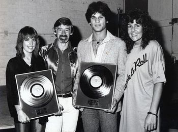 Gold records in 1979: Sharon O'Neill, CBS boss John McCready, Jon Stevens, CBS staffer Gaynor Crawford
