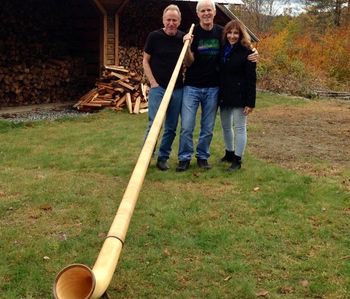 Will Ackerman and Kathryn with Gus Sebring and his alpenhorn
