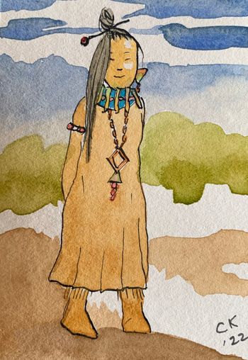 Indigenous woman/girl in watercolor and pen
