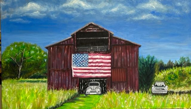 Trifecta, Oil, 22x36, $750 - Three of my favorite things, The AMERICAN FLAG, a barn, and classic cars.