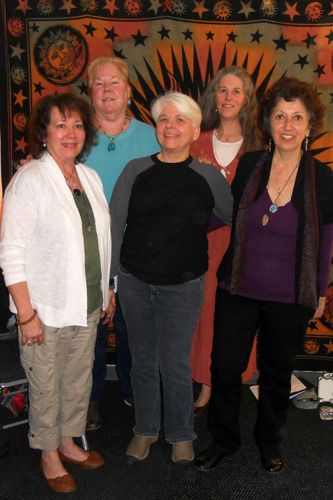 (l-r): Milagros Cabreja, Nancy Lukas (owners, Inspired Gems Spiritual Center in N. Plainfield, NJ) with Linda Phillips (percussion), Gina Tlamsa (flute and keyboards) and Sharleen at the March 25, 2012 songs4peace Benefit Concert for Women's Health and Counseling Center in Somerville, NJ.