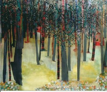 Deep Dark Forest - Into the Woods, 1997, oil, acrylic transfer collage, fabric collage on unstretched canvas/dropcloth, 1.3m x1.5m
