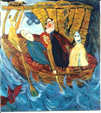 Boat with Masks, 2002, oil on canvas, 45.5" x 42"
