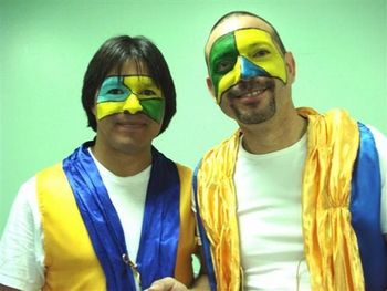 Daniel (left) and friend (unknown) Candombe drummer, during make up session.
