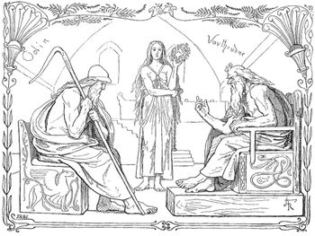 Vafþrúðnir and Odin swap riddles while an unnamed woman looks on. The drawing is by by Lorenz Frølich, from Gjellerup, Karl (1895), Den ældre Eddas Gudesange.
