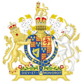 Coat of Arms of the United Kingdom, showing the English Lion and the Scottish Unicorn.
