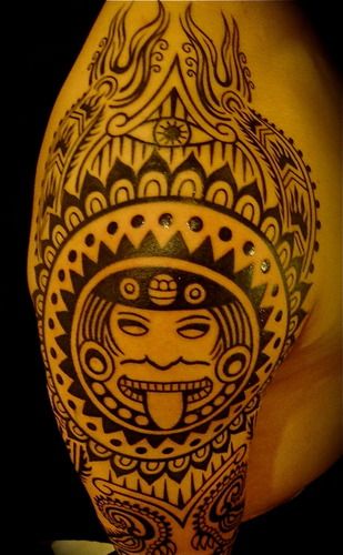 Aztec calender influenced deity, upper arm, detail

