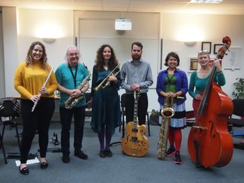 Band supporting the cause, with many thanks for (from the left) Emma Carpenter (flute/percussion), Gerry Harrison (sax/clarinet/percussion), Laura Spark (trumpet/percussion), Mark Jones (MD/guitars/flute), Marie-Lou Frieden (saxes/percussion) & Julia Cadman (bass) commitment and excelling performance!
