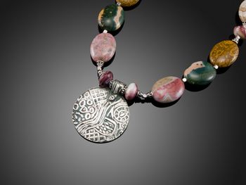 Road Work - Hand carved texture on fine silver pendant with ocean jasper necklace.McKenzie's Jewelry by Nancy Koehler
