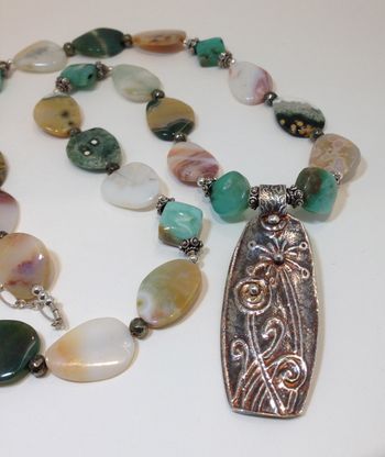 Garden Pendant with original art work by Nancy Koehler with Ocean Jasper and Chrysocholla, and sterling silver findings. McKenzie's Jewelry by Nancy Koehler