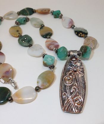 Garden Pendant with original art work by Nancy Koehler with Ocean Jasper and Chrysocholla, and sterling silver findings. McKenzie's Jewelry by Nancy Koehler
