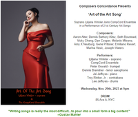 Aaron Alter's Art Song "Sunset on the Spire (Introspective Blues #2)" will be premiered in New York by soprano Ljiljana Winkler and the CompCord Ensemble at a special concert by Composers Concordance entitled "The Art of the Art Song"