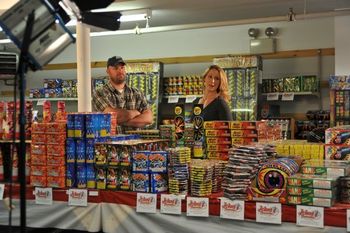 Billy Donohoe and Naomi Andrick in the fireworks store.
